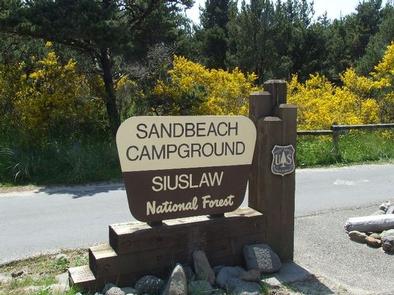 entrance sign with lettering for Sandbeach Campground Siuslaw National Forest