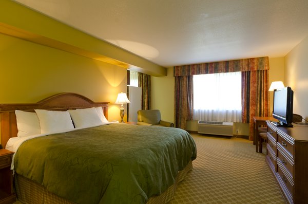 A hotel room with a large bed, green bedding, and a television.