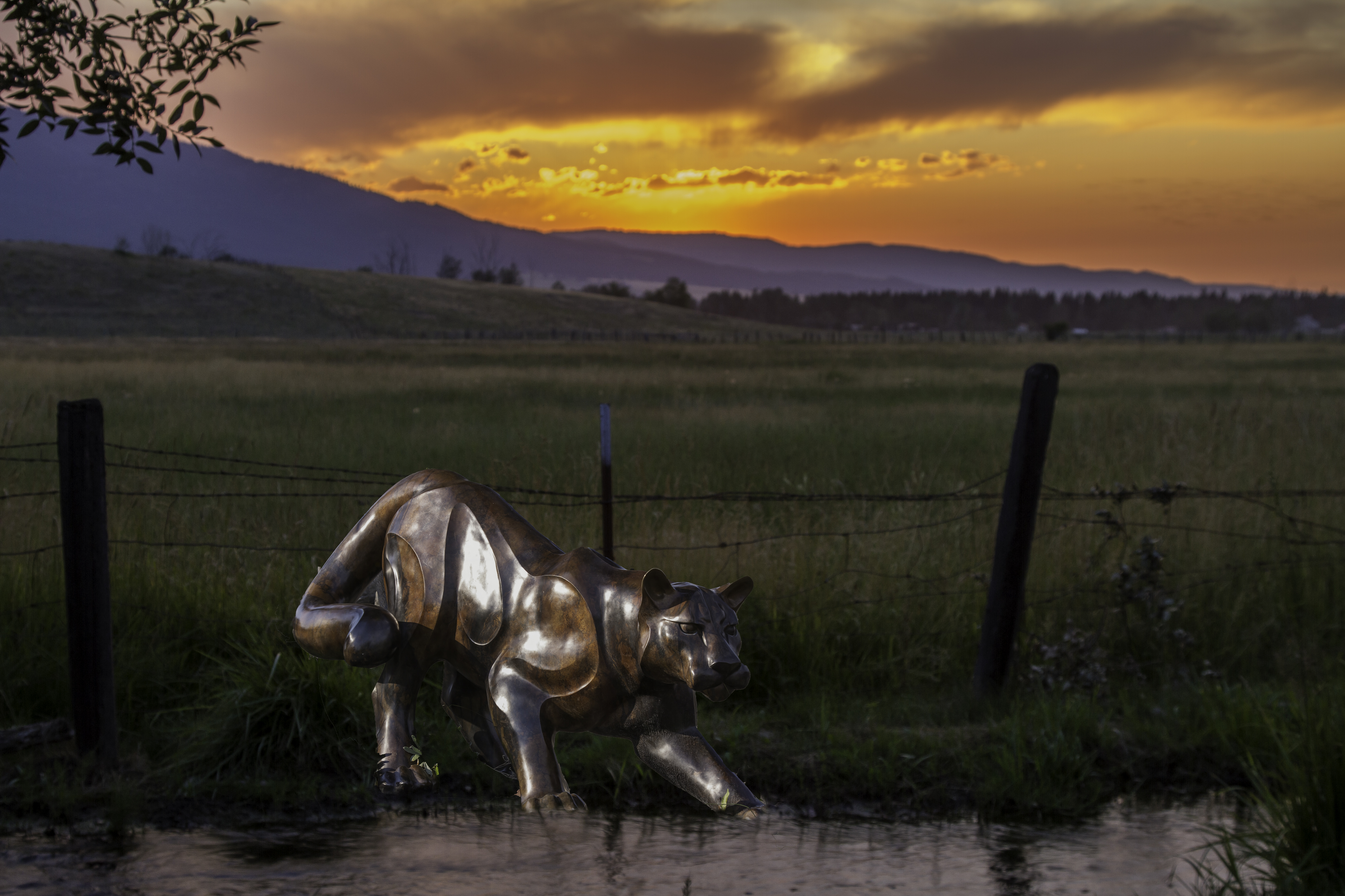 big cat sculpture with grassy field and mountain in background at sunset