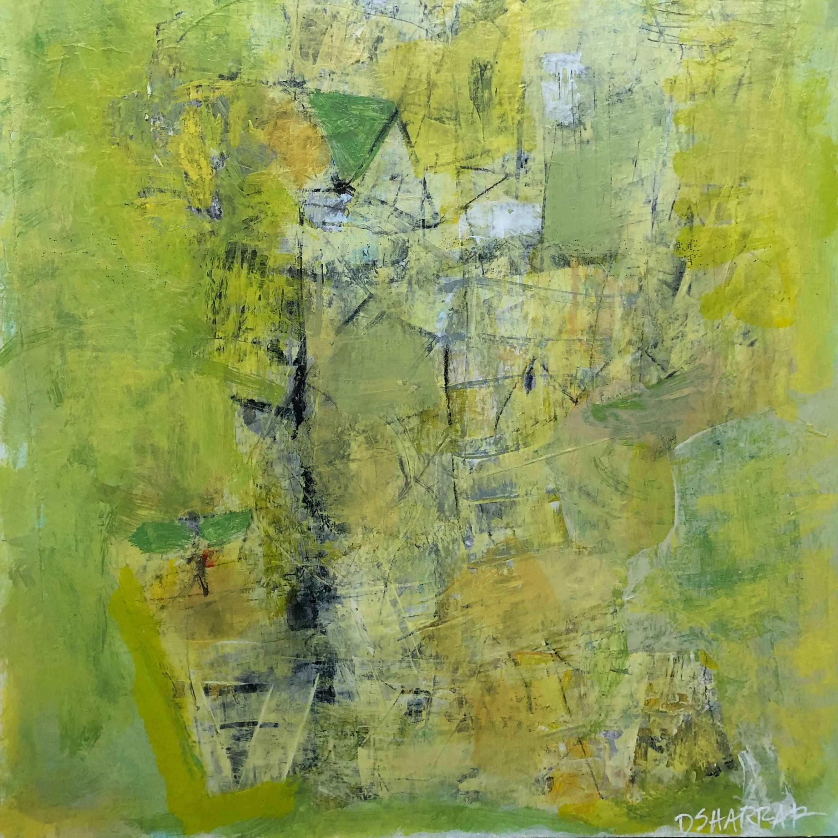 Abstract painting by Dorothy Sharrar in yellows and greens