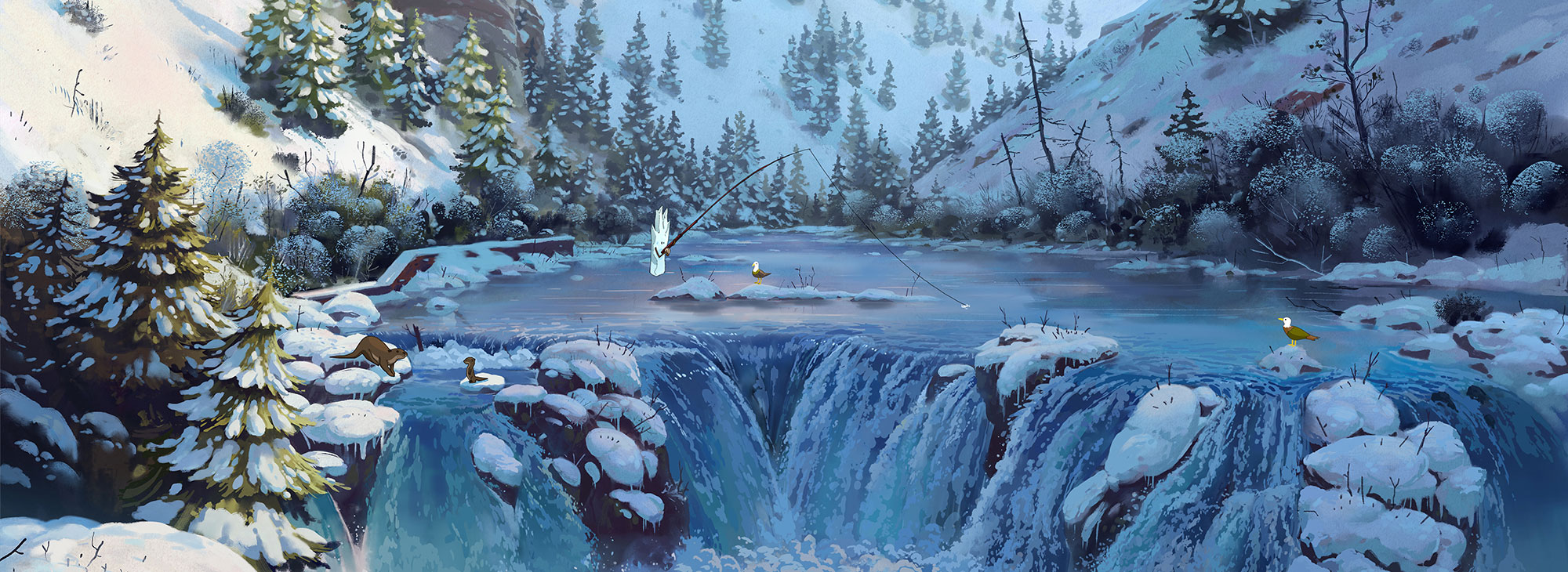 Snowy mountains with a river and waterfall.