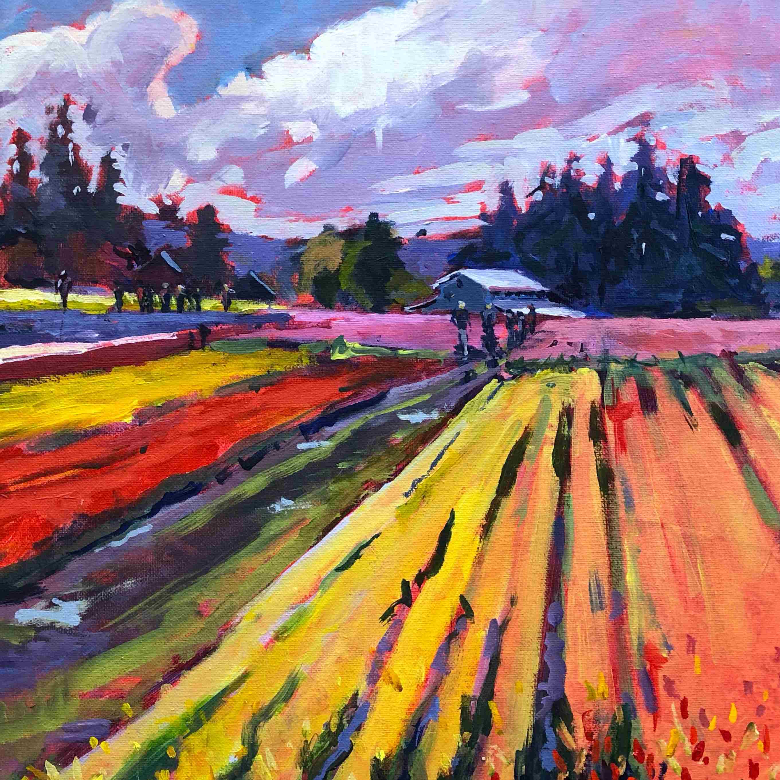 brightly colored painting of farm with colorful rows of vegetation.