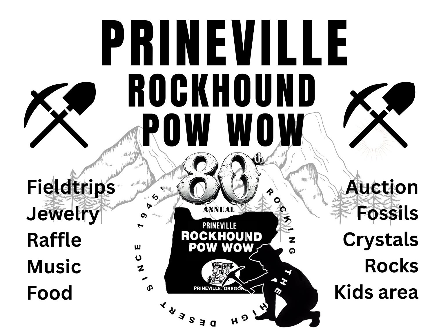 black letting on a white background with the words prineville rockhound pow wow