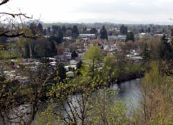 Elevated view of a town beside a river, surrounded by trees.