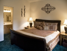 Bedroom with bed, lamps, and decorative wall art.