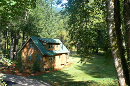 Small wooden house with green roof in a wooded area.