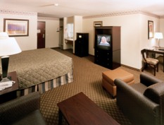 Bedroom with bed, TV, chair, and small table.