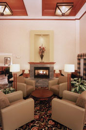 Living room with fireplace, armchairs, and lamps.