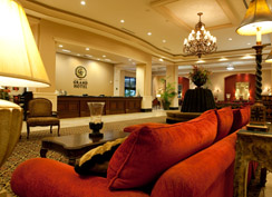 lobby of hotel with plush couch