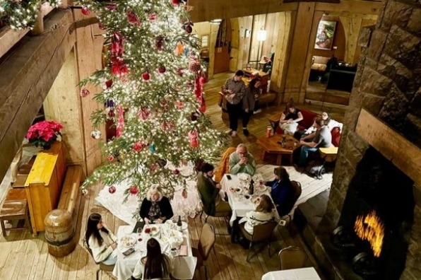 A cozy indoor holiday gathering in a rustic wooden room featuring a large decorated Christmas tree with red and silver ornaments and white lights.