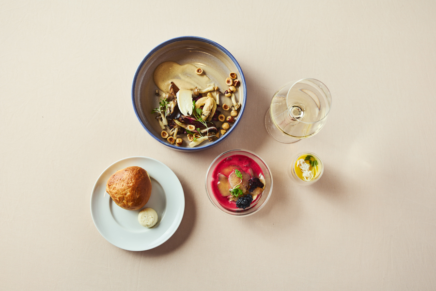 an aerial view of brunch dishes at a restaurant