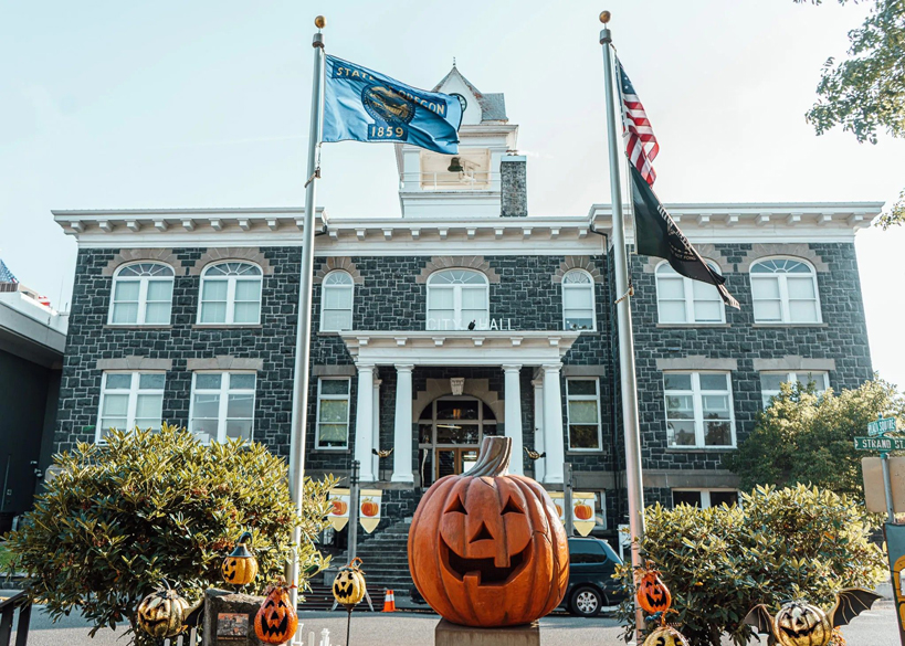Halloweentown display with giant pumpkin sculpture