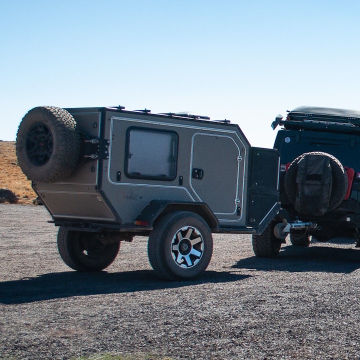 close up of camper trailer hitched to an SUV