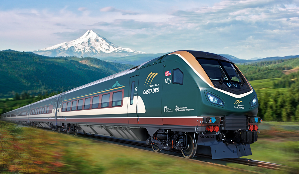 Amtrak Cascades train with scenic mountain view in background