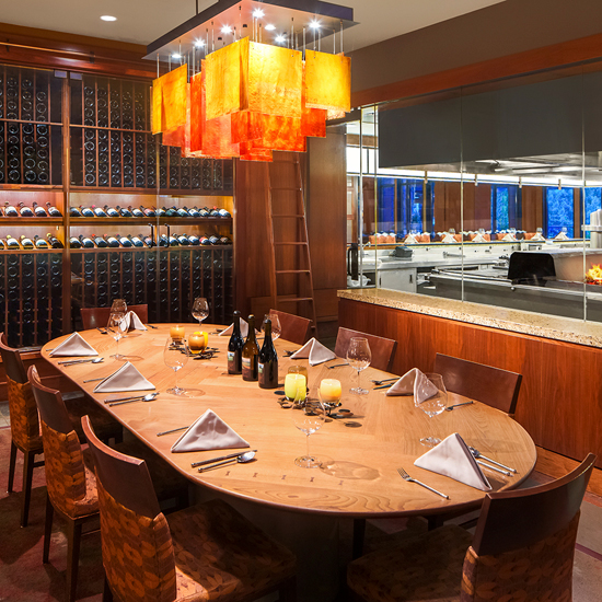 private dining area with view to kitchen of restaurant