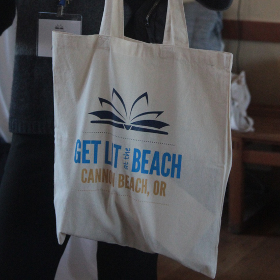 book bag with lettering for Get Lit at the Beach event