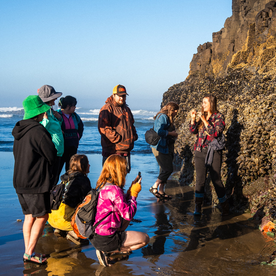 woman leads group tidepooling