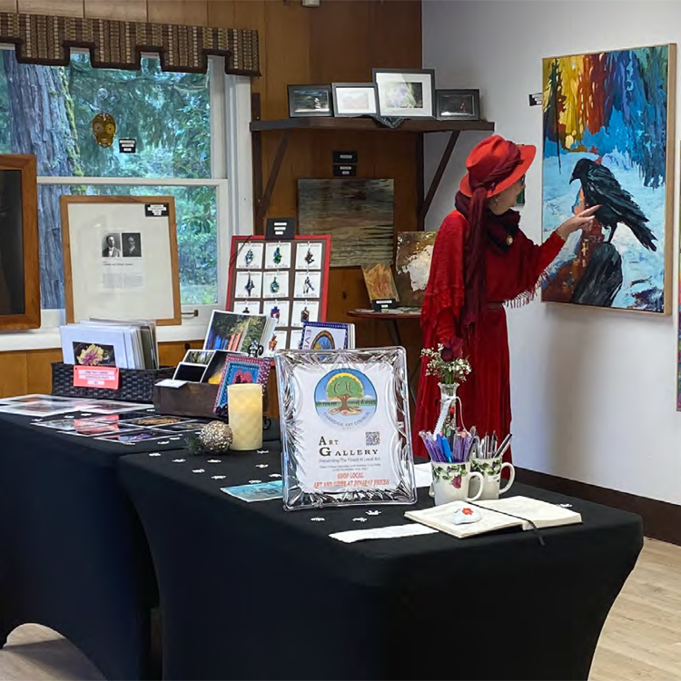 art displayed on a table and on the wall