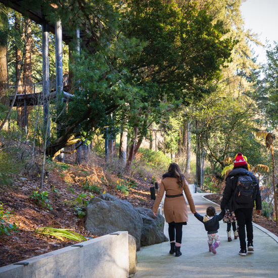family walks on paved path