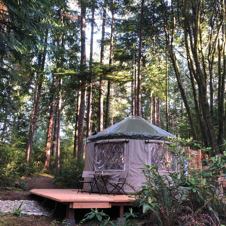 yurt style tent structure with window and bistro furniture on platform in wooded forest