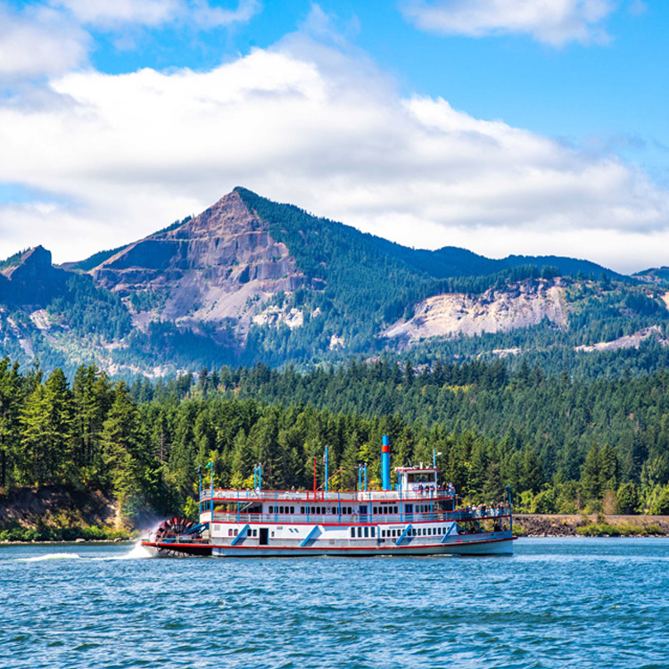 riverboat on water with evergreen forest and mountain in background