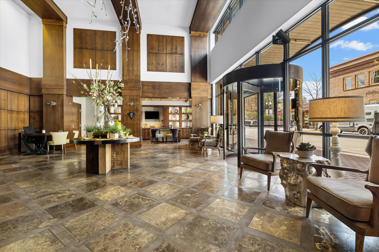hotel lobby with revolving door as entrance