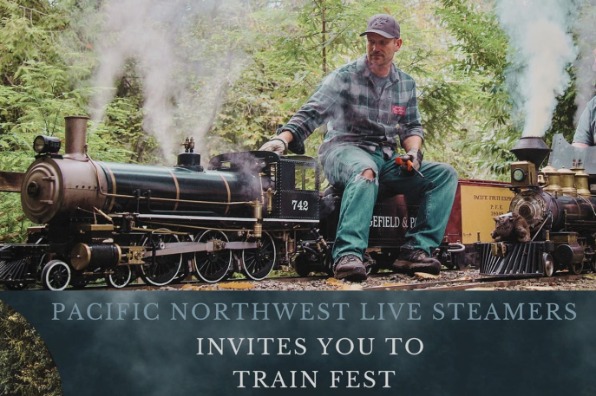 A person operating two live steam model trains on tracks outdoors, surrounded by trees.