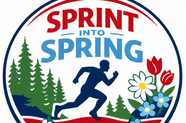logo with illustration of runner, flowers and trees