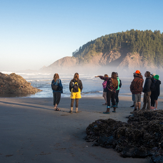 group of 10 people look out at ocean