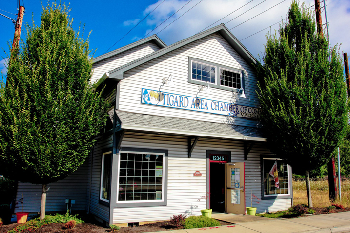 exterior of two story building with lettering for Tigard Area Chamber of Commerce