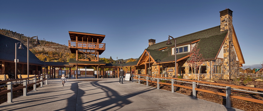 exterior of brick one story welcome center building