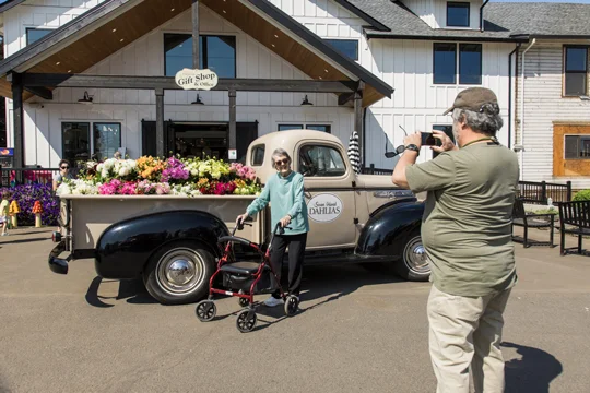 Woman with a walker poses in front of a restored truck with the truck bed full of dahlias.