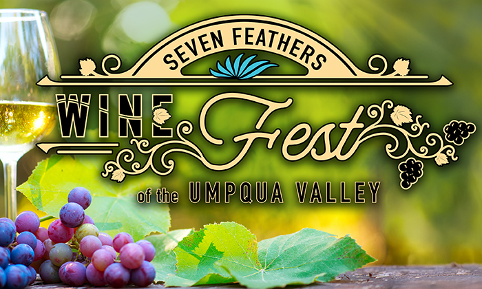 Poster for Seven Feathers Wine Fest with image of a glass of wine and grapes.