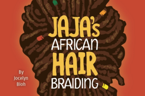 Poster image featuring drawing of braided hair with lettering for Jaja's African Hair Braiding play.