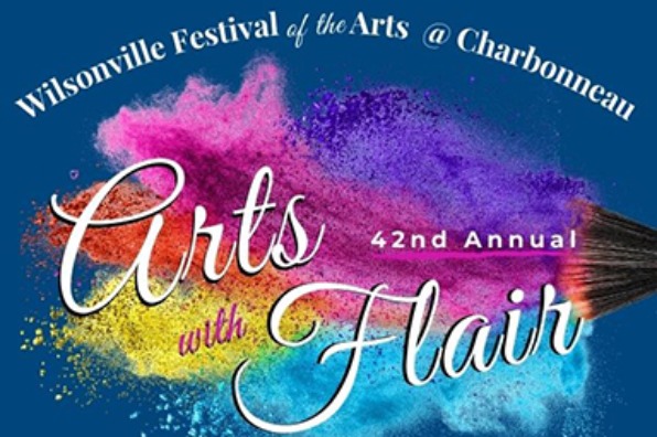 Promotional graphic for Wilsonville Festival of the Arts at Charbonneau titled "Arts with Flair" featuring colorful powder bursts in pink, purple, orange, yellow, and blue