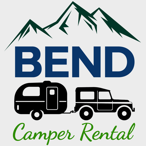 logo for Bend Camper Rental company jeep with trailer in foreground;  mountain in background