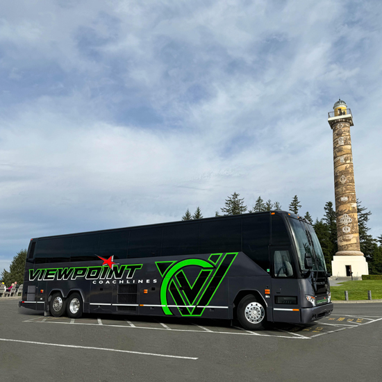 coachline bus with Viewpoint printed on side parked with Astoria Column in background