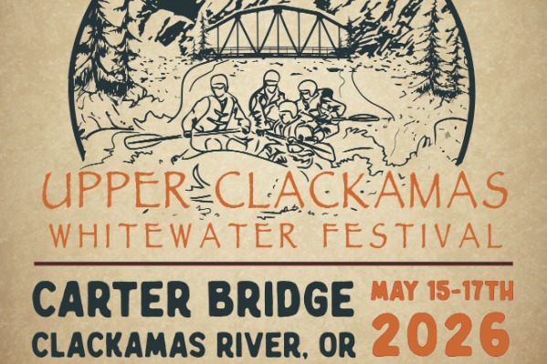 poster with illustration of group in whitewater raft with lettering for the Upper Clackamas Whitewater Festival