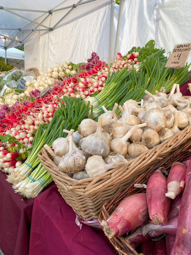basket of shallots and garlic sit next to green onions and radishes at farmers market