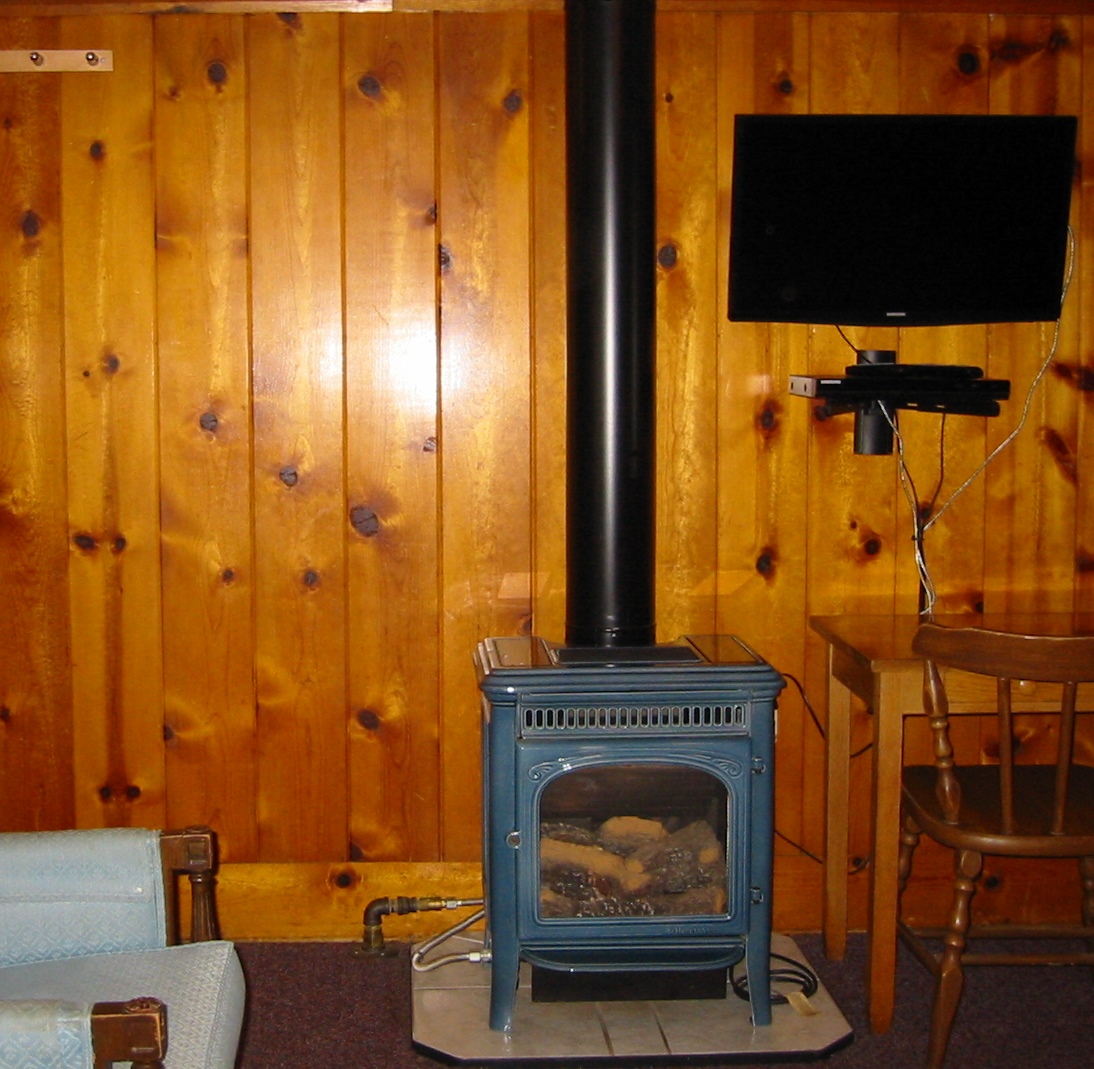 wood stove in room with wood paneling on walls
