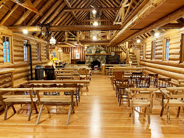 restored interior of log church built in 1937