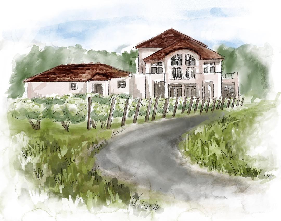 watercolor of two story tasting room on a vineyard
