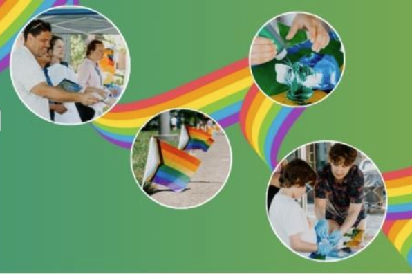 Collage photograph featuring four circular photos connected by a rainbow-colored wave on a green background, symbolizing LGBTQ+ pride and community activities.
