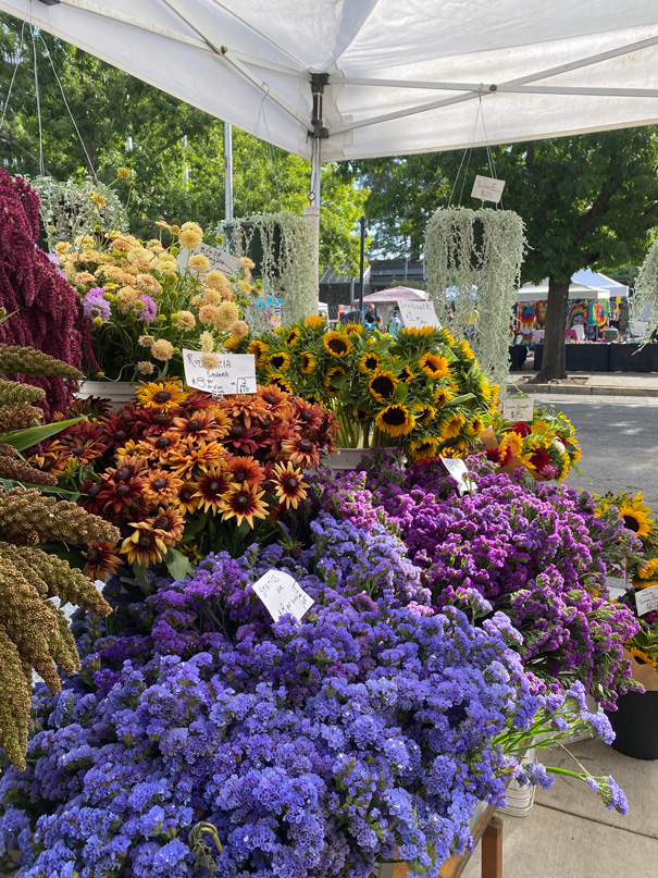 flowers displayed in booth at outdoor farmers market