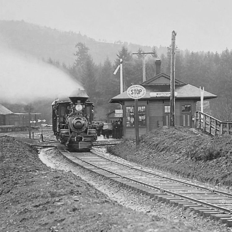 historic photograph of train approaching