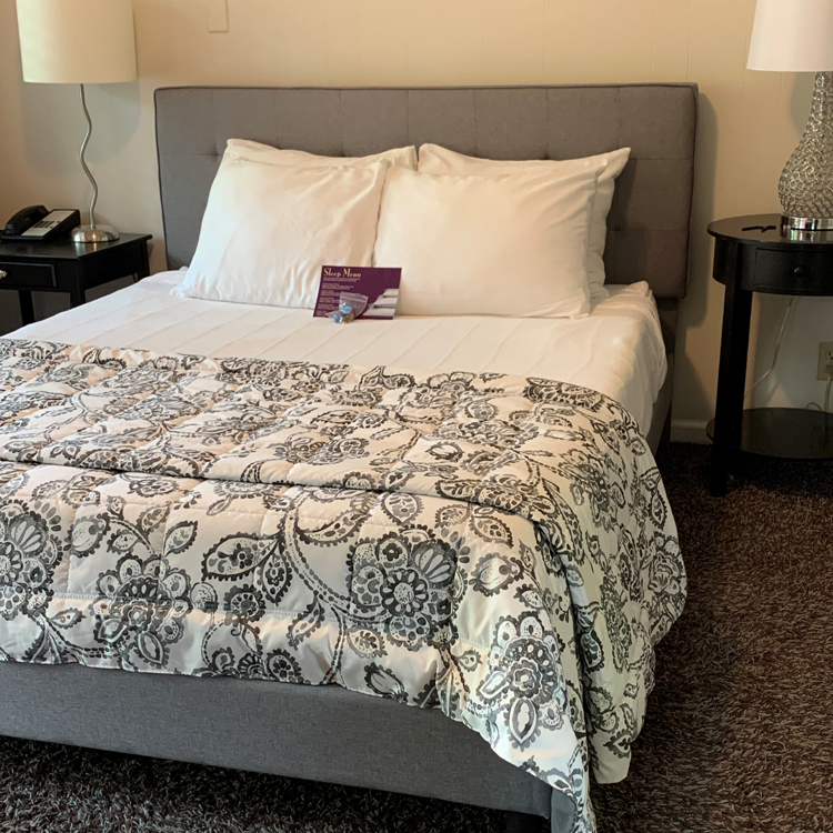 motel room with carpeting and double bed