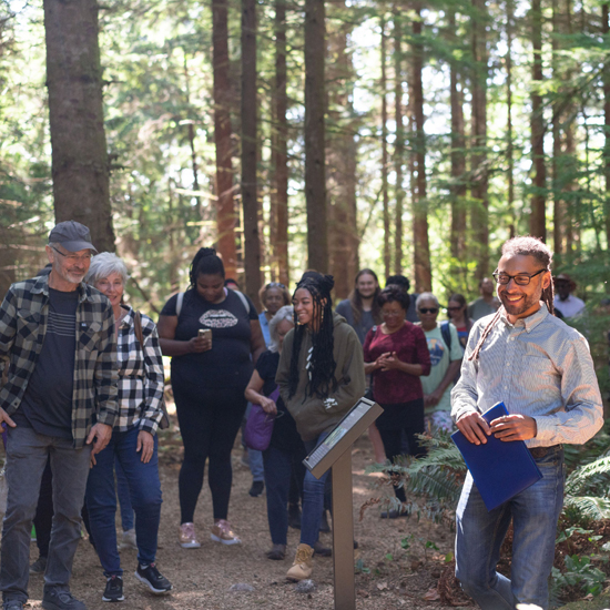 group walks in woods with tour guide