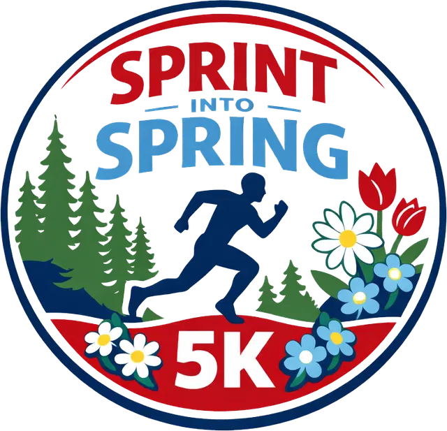 Circular logo for a "Sprint into Spring 5K" event featuring a silhouette of a runner in navy blue surrounded by green pine trees and colorful flowers, including red tulips, white daisies, and blue blossoms.