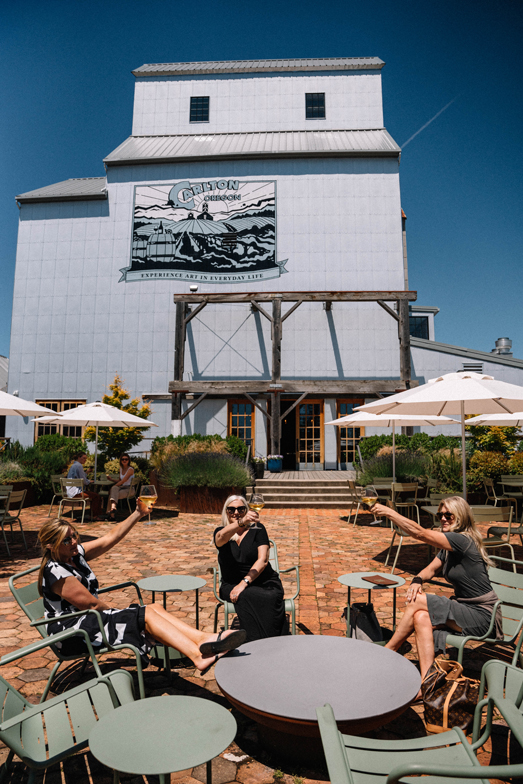 winery tasting room patio area in front of historic grain elevator