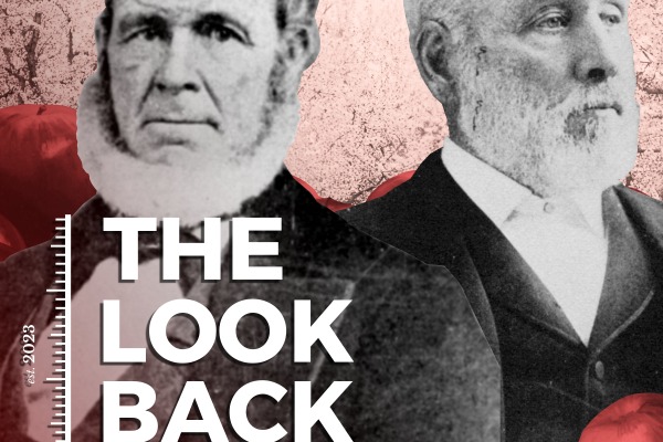 A graphic design poster featuring two historical black-and-white portraits partially obscured by red roses and a textured pink background.